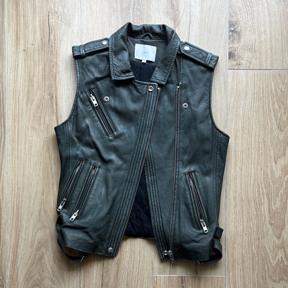IRO Women’s Dark Olive Green Lambs Leather Vest with Quilted Interior
